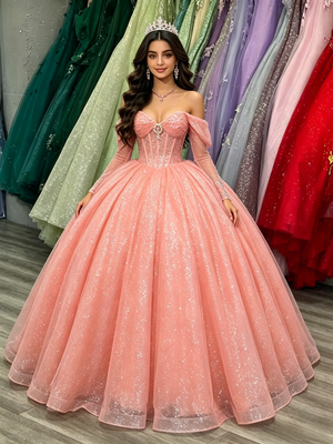 Pink Sequins Long Sleeve Quinceanera Dress