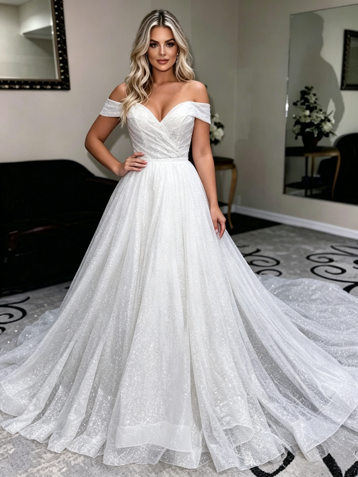 White Sequins Off the Shoulder Wedding Dress