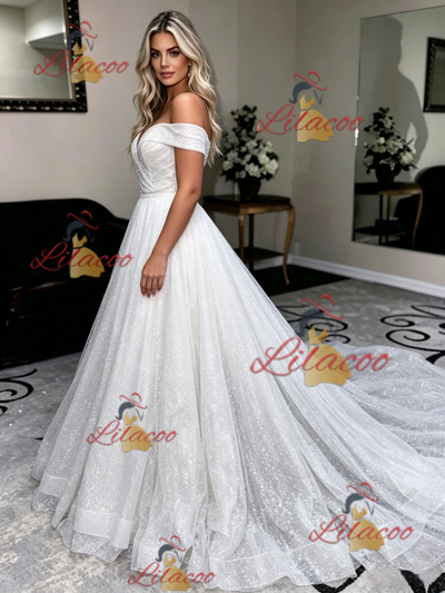 White Sequins Off the Shoulder Wedding Dress