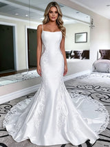 White Mermaid Satin Lace Spaghetti Straps Wedding Dress