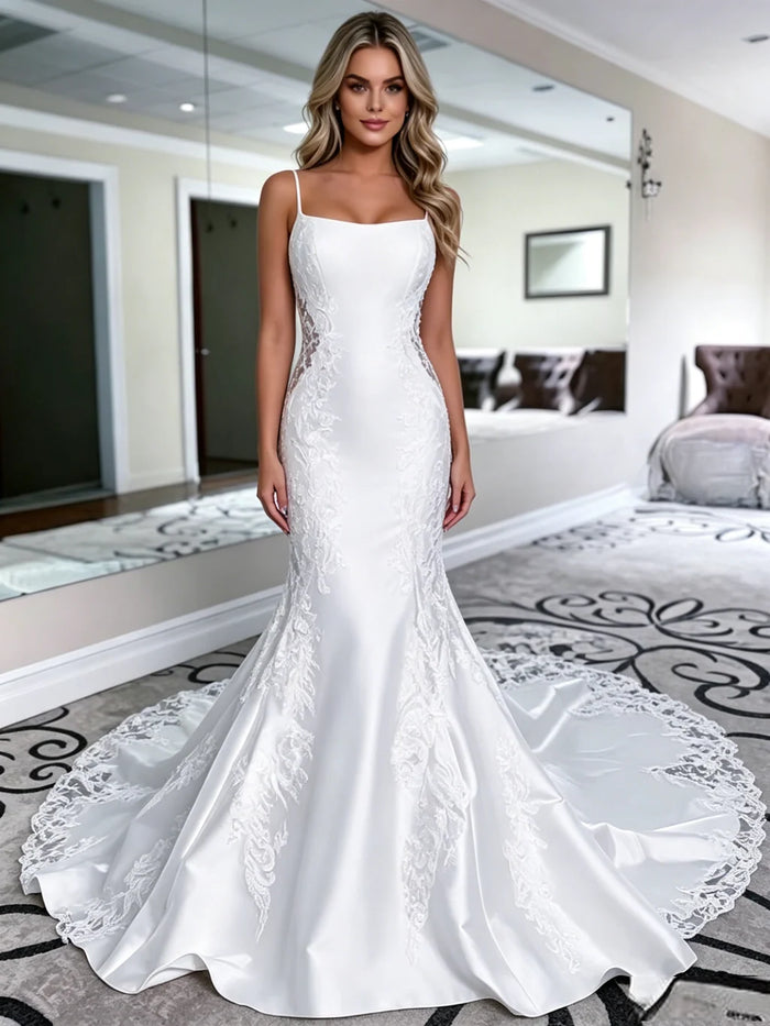 White Mermaid Satin Lace Spaghetti Straps Wedding Dress