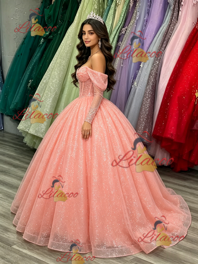 Pink Sequins Long Sleeve Quinceanera Dress