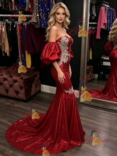 Red Mermaid Sequins Strapless Prom Dress