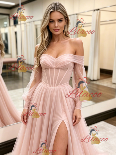 Pink Tulle Long Sleeve Prom Dress
