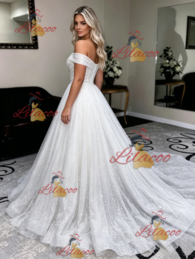 White Sequins Off the Shoulder Wedding Dress