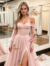 Pink Tulle Long Sleeve Prom Dress