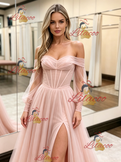 Pink Tulle Long Sleeve Prom Dress