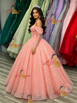 Pink Sequins Long Sleeve Quinceanera Dress