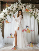 Tulle V-neck Long Sleeve Wedding Dress