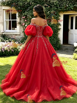 Red Tulle Puff Sleeve Beading Quinceanera Dress