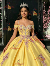 Yellow Tulle Straps Appliques Quinceanera Dress