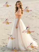 Champagne Tulle Off the Shoulder Beading Wedding Dress