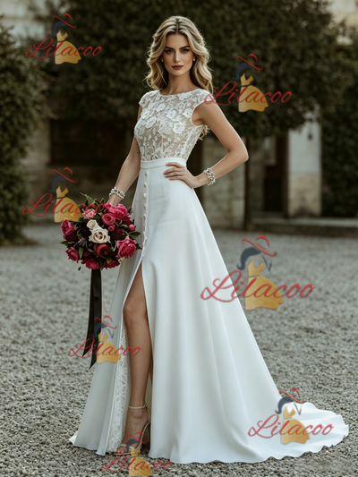 White Scoop Neck Cap Sleeve Wedding Dress