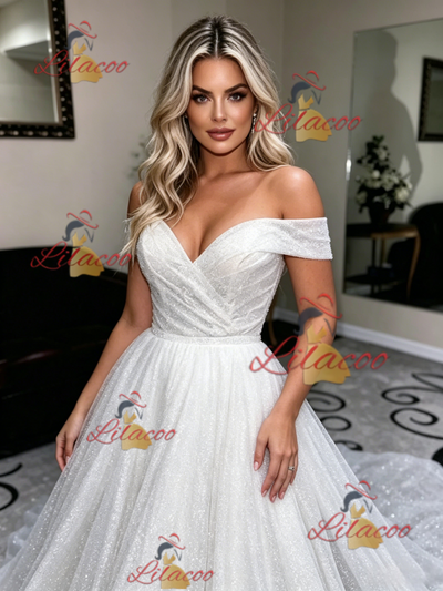 White Sequins Off the Shoulder Wedding Dress