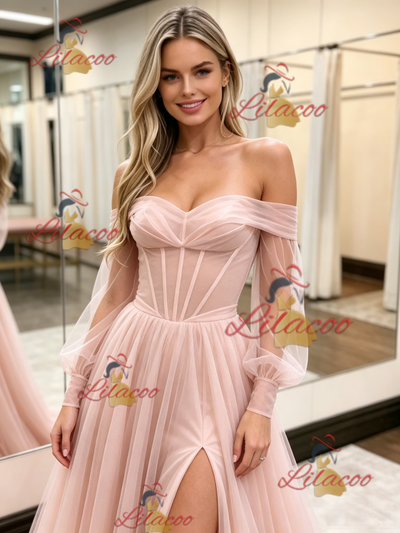 Pink Tulle Long Sleeve Prom Dress