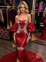 Red Mermaid Sequins Strapless Prom Dress