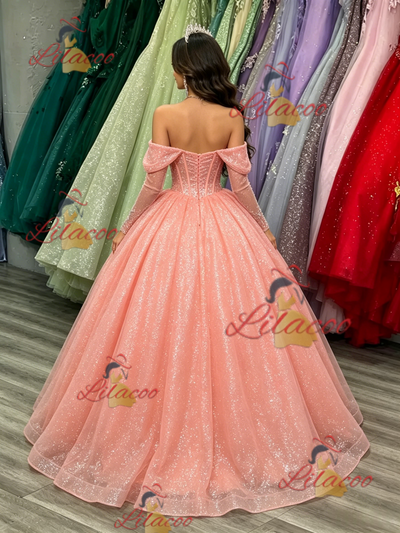 Pink Sequins Long Sleeve Quinceanera Dress