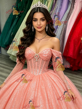 Pink Sequins Long Sleeve Quinceanera Dress