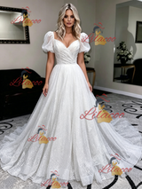 White Sequins Puff Sleeve Wedding Dress