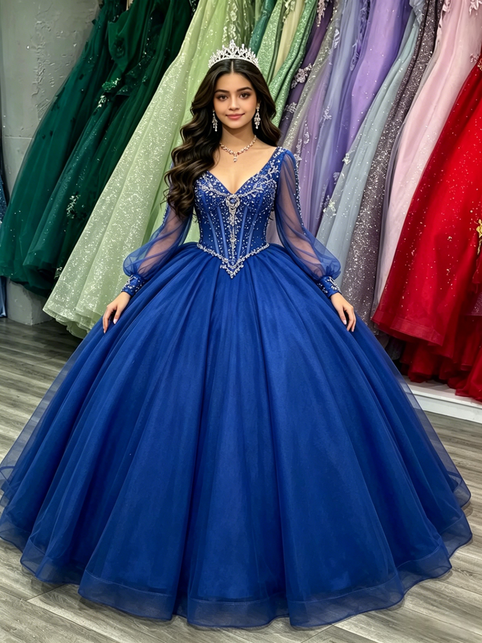 Royal Blue Tulle V-neck Long Sleeve Quinceanera Dress