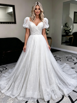 White Sequins Puff Sleeve Wedding Dress