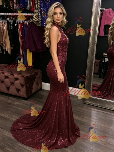 Burgundy Mermaid Sequins Halter Prom Dress