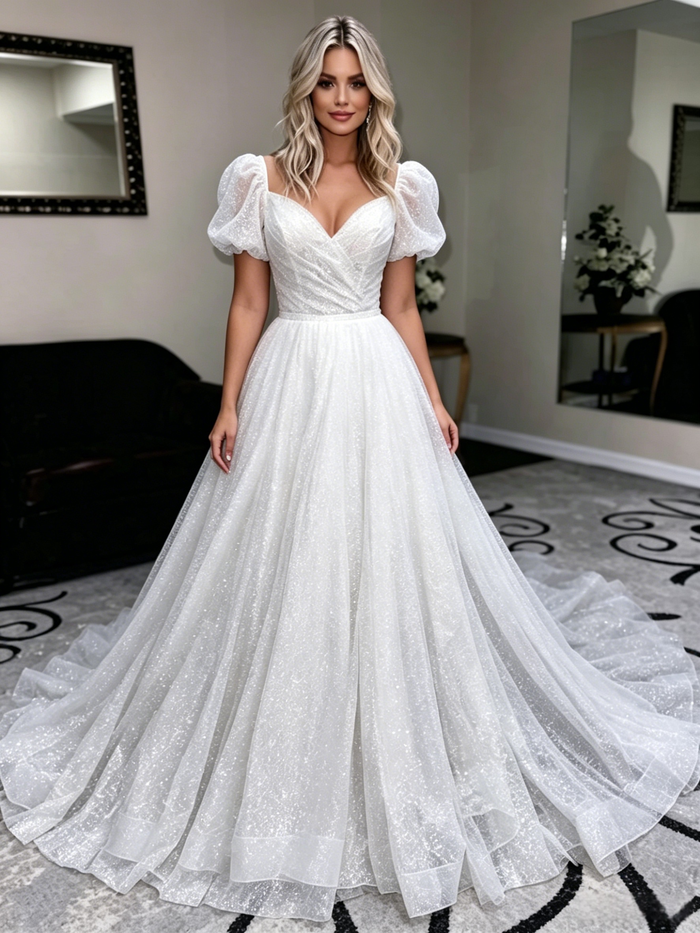 White Sequins Puff Sleeve Wedding Dress