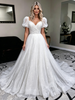 White Sequins Puff Sleeve Wedding Dress
