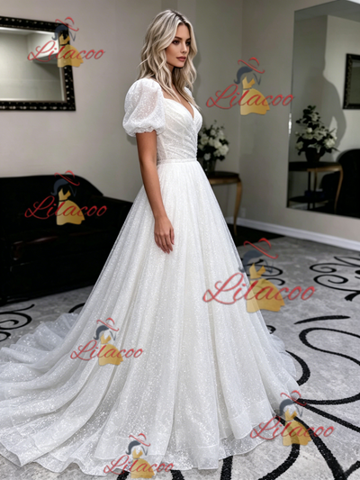 White Sequins Puff Sleeve Wedding Dress