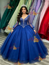 Royal Blue Tulle V-neck Long Sleeve Quinceanera Dress