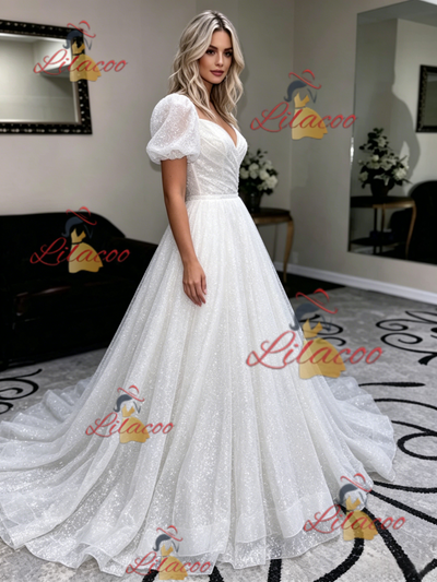 White Sequins Puff Sleeve Wedding Dress