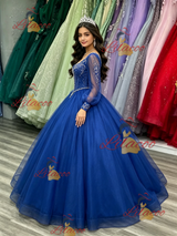 Royal Blue Tulle V-neck Long Sleeve Quinceanera Dress