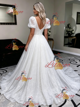 White Sequins Puff Sleeve Wedding Dress