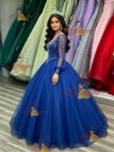 Royal Blue Tulle V-neck Long Sleeve Quinceanera Dress