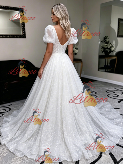 White Sequins Puff Sleeve Wedding Dress