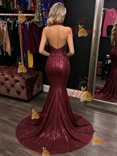 Burgundy Mermaid Sequins Halter Prom Dress