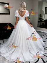 White Sequins Puff Sleeve Wedding Dress