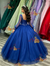 Royal Blue Tulle V-neck Long Sleeve Quinceanera Dress