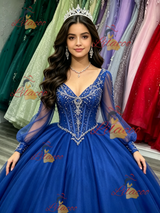 Royal Blue Tulle V-neck Long Sleeve Quinceanera Dress