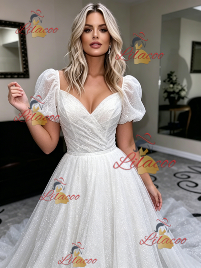 White Sequins Puff Sleeve Wedding Dress