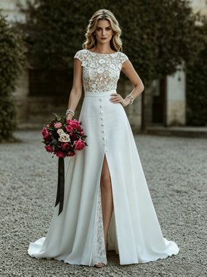 White Scoop Neck Cap Sleeve Wedding Dress