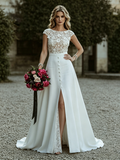 White Scoop Neck Cap Sleeve Wedding Dress