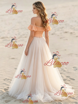 Champagne Tulle Off the Shoulder Beading Wedding Dress
