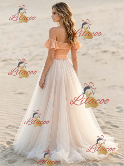 Champagne Tulle Off the Shoulder Beading Wedding Dress