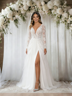 White Tulle Lace Long Sleeve Wedding Dress