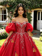 Red Tulle Puff Sleeve Beading Quinceanera Dress