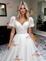 White Sequins Puff Sleeve Wedding Dress