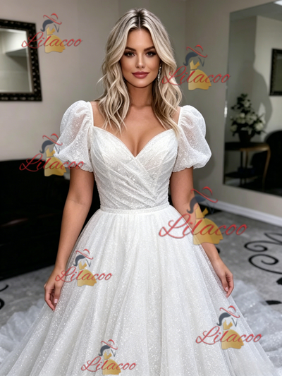 White Sequins Puff Sleeve Wedding Dress