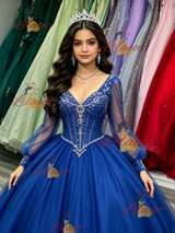 Royal Blue Tulle V-neck Long Sleeve Quinceanera Dress