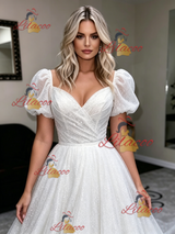 White Sequins Puff Sleeve Wedding Dress